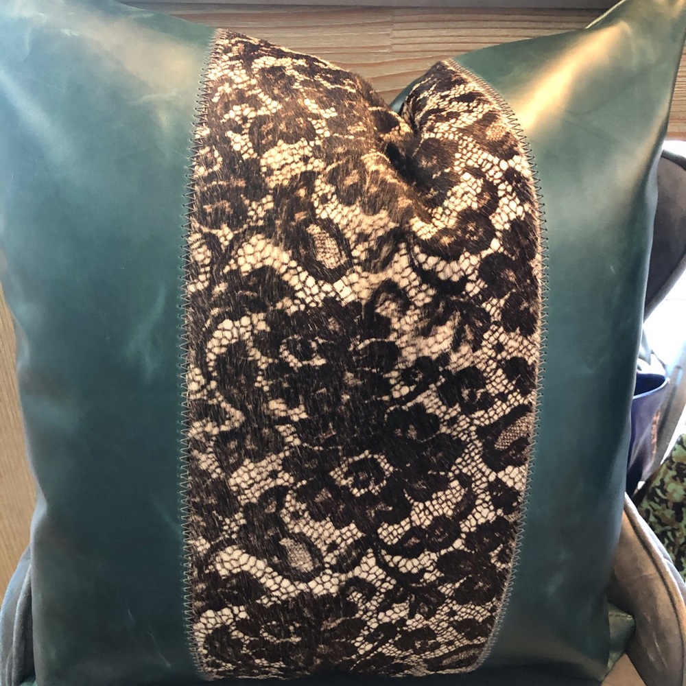 Violette Studios green leather lace pillow NWT